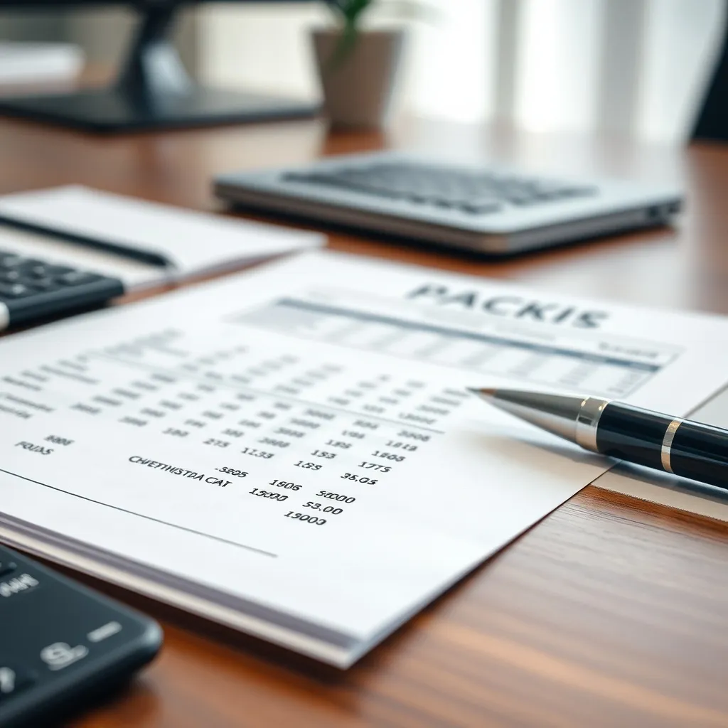 Close up of a financial document with numbers and tables on