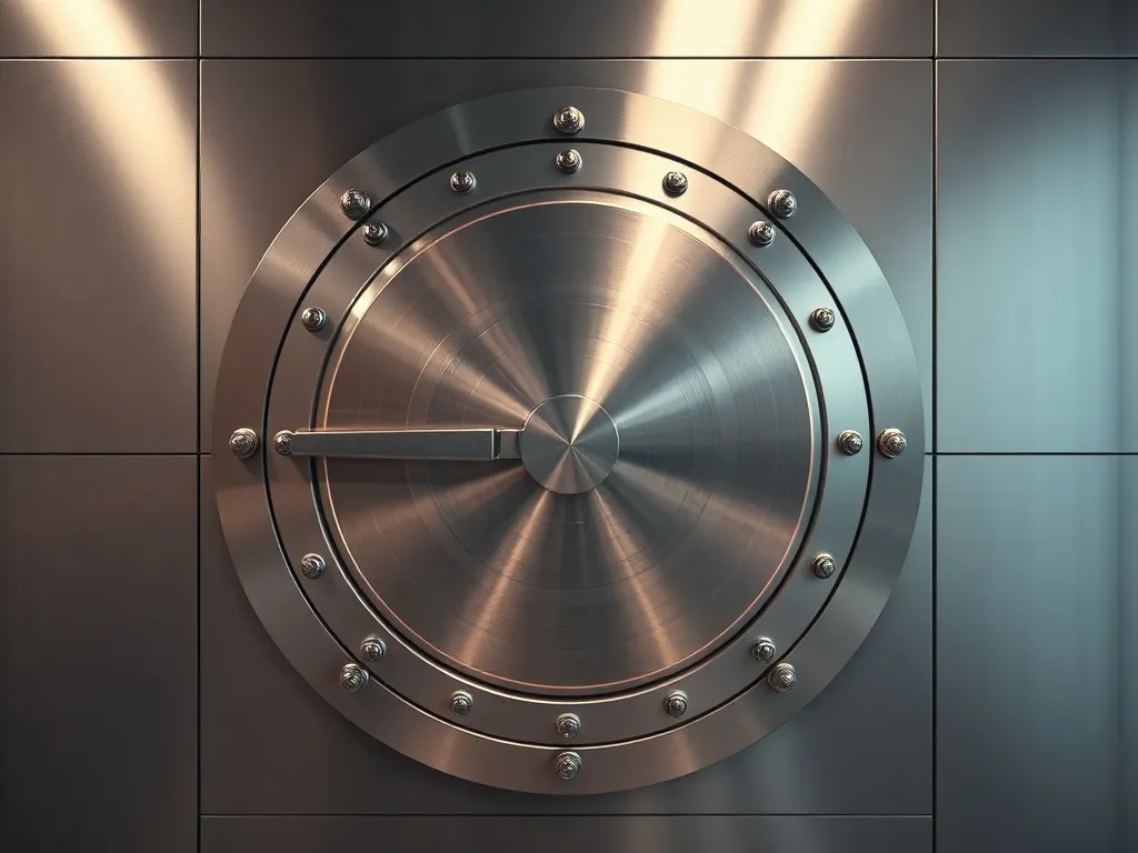 A high-quality close-up of a modern bank vault door made of
