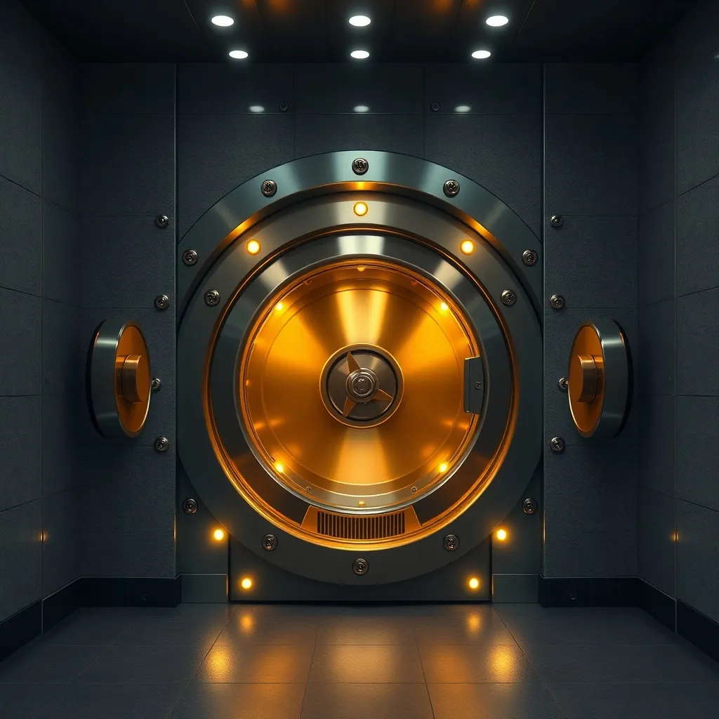 A high-end modern bank vault interior with heavy steel doors