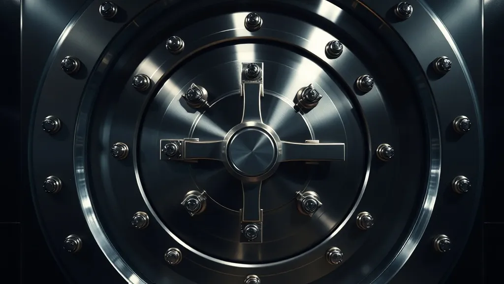 A high-quality close up of a modern bank vault door made of