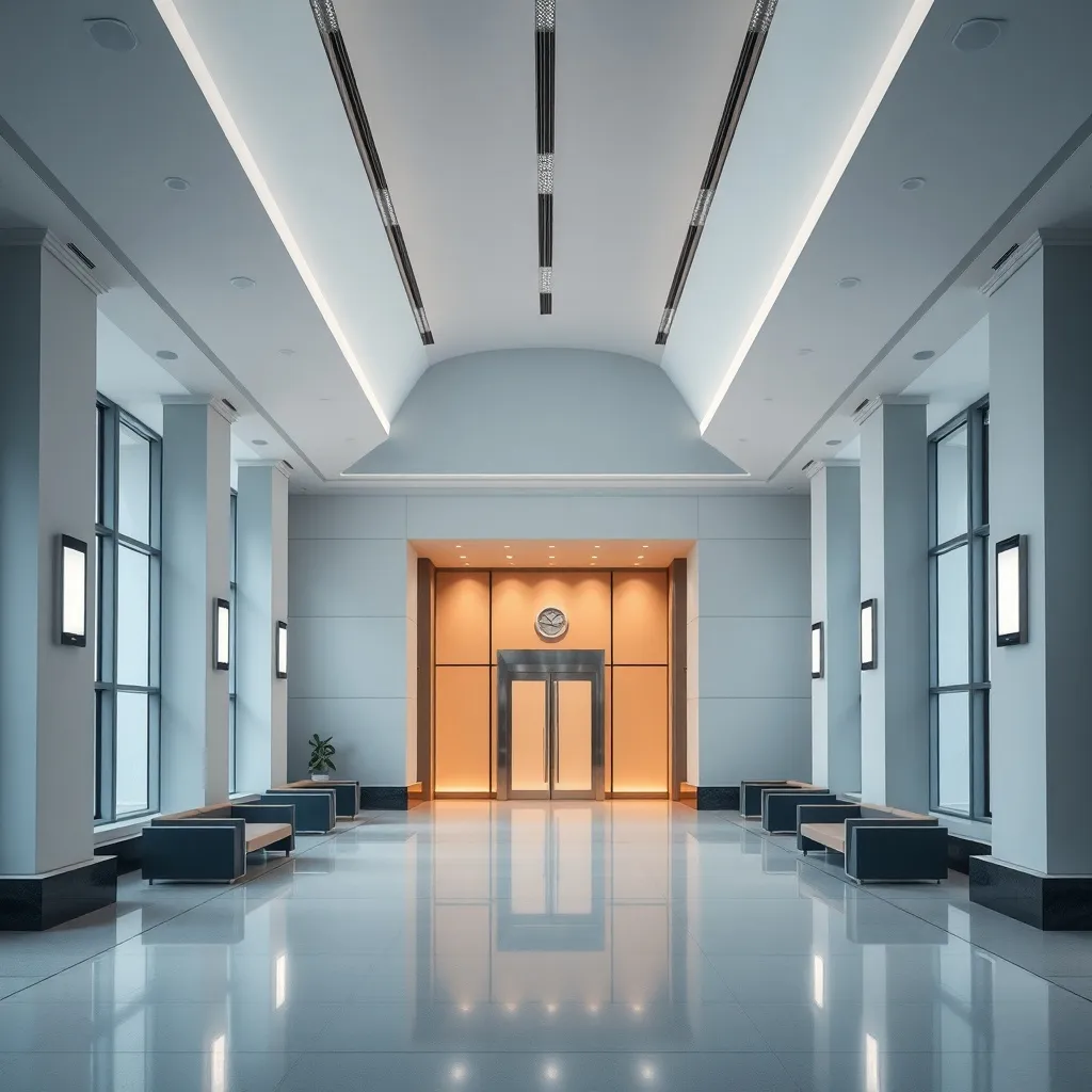A professional, minimalist image of a modern bank interior f