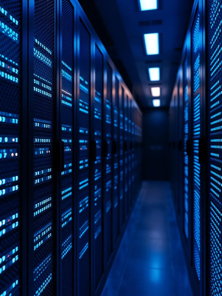 Close up of a secure encrypted server room with blue LED lig