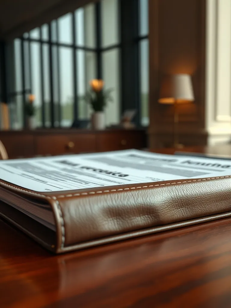 Close-up of a high-quality leather bound financial report on